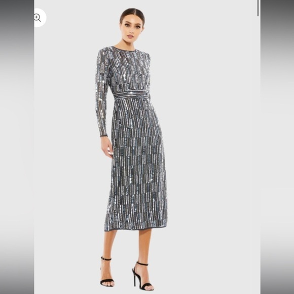 NWTMac Duggal 93590A Coal Embellished Neck Long Sleeve Fitted Dress Size 10